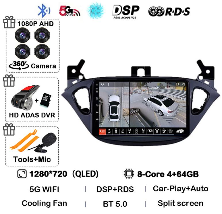 Android 14 Carplay Auto WIFI+4G For Opel Corsa E 2015-2019 For Opel Adam 2013-2016 Car Radio GPS Multimedia Video Player Stereo