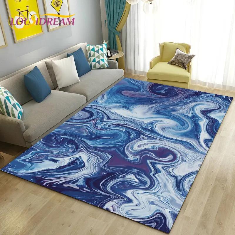 Colour Blue Gold White Marble Area Rug Large,Carpet Rug for Living Room Bedroom Sofa Doormat Decoration,kids Non-slip Floor Mat