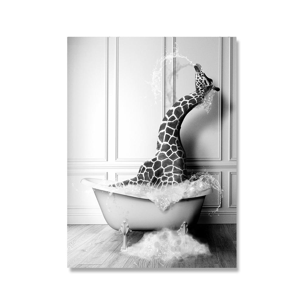 Black White Animals In Tub Canvas Posters and Print Penguin Elephant Zebra Giraffe Wall Art Painting Pictures For Bathroom Decor No Frame