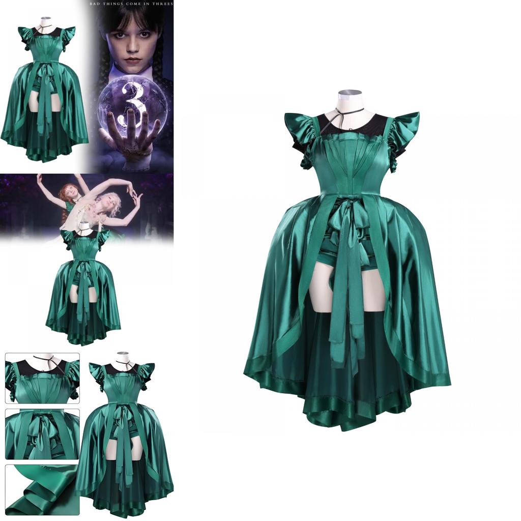Wednesday Agnes Demille Green Cosplay Dress With Polyester Fabric For Teen And Adult Costumes