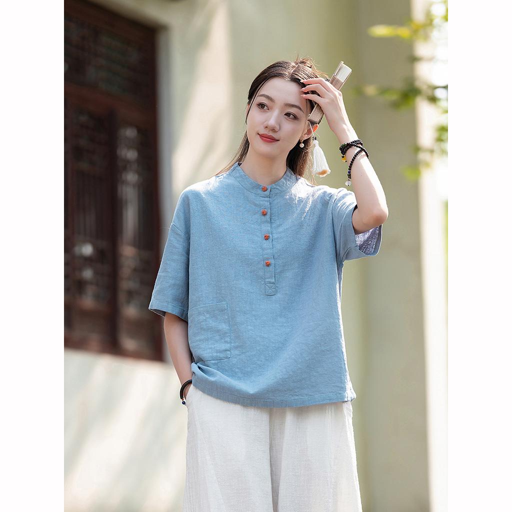 Cotton Linen Women's Retro Chinese Style Stand Up Collar Color Blocked Pan Button Short Sleeved  Women's Shirt T-shirt