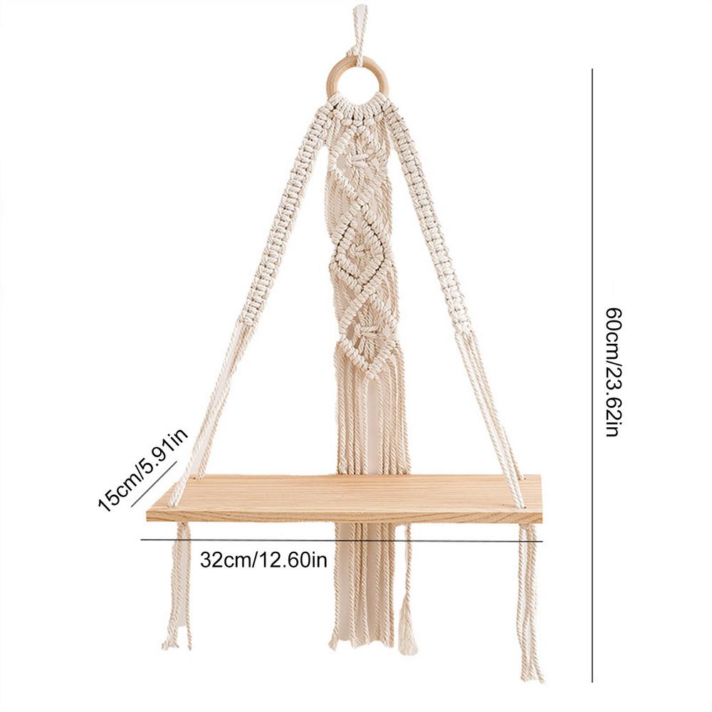Bohemian Style Hand-Woven Wall Hanging Tapestry Wood Shelf Planter Basket 2 Tier Hanging Rack Art Wall Shelves Macrame