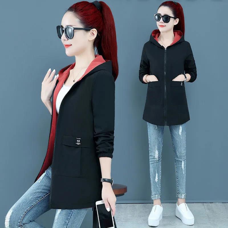 Women's Spring and Autumn No Printing Loose Double-sided Mid-length Baseball Uniform Plus Size Hooded Jacket Jacket
