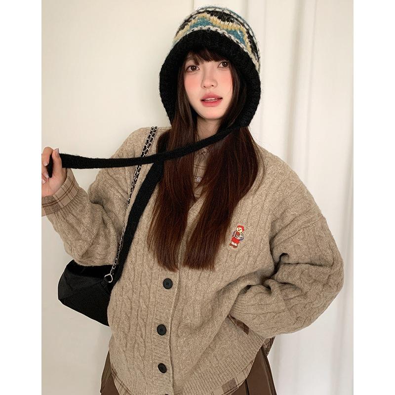 Vintage Fair Isle Mütze Damen Winter Sturmhaube Warm Großer Kopfumfang Winter Gestrickte Wollmütze Ohrenschützer