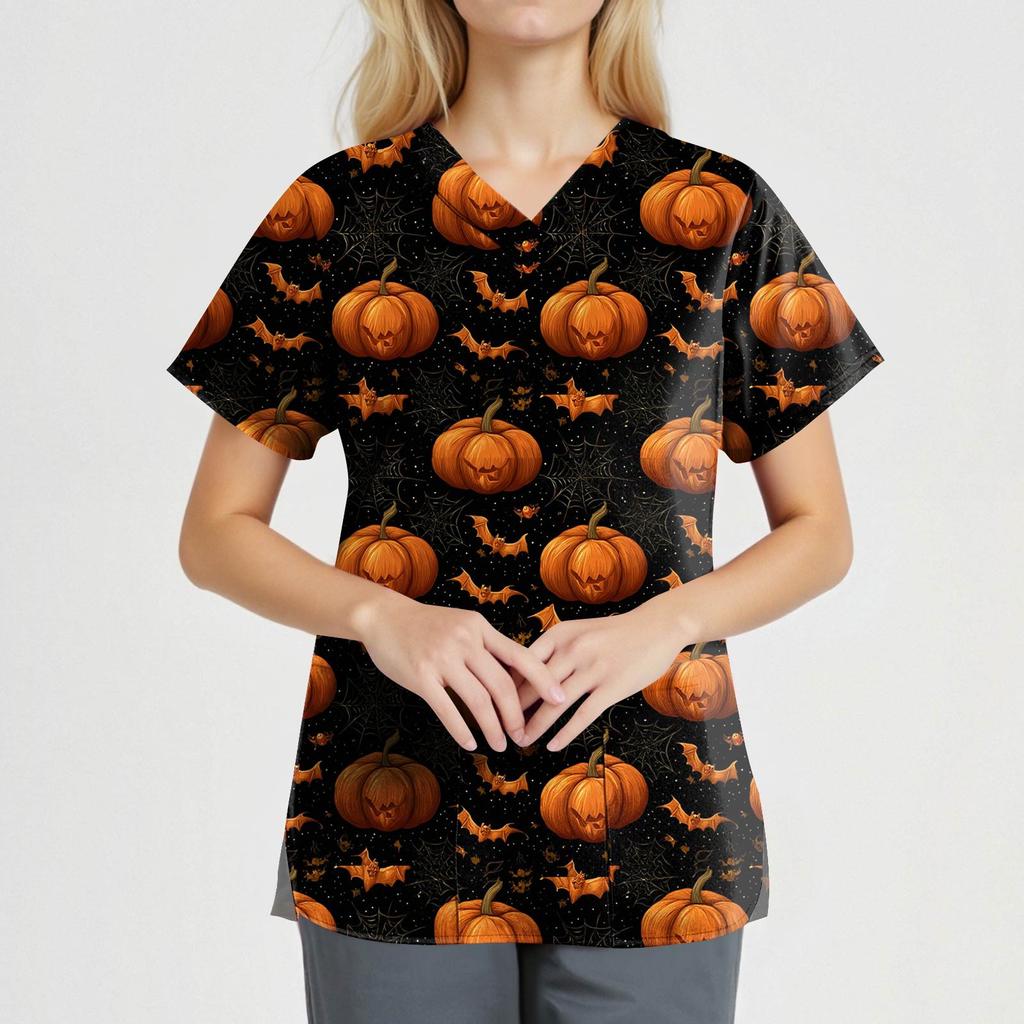 Dámská móda Overaly s krátkým rukávem a výstřihem do V s kapsami Halloweenské potištěné topy Oblečení