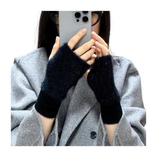 Fingerless Gloves for Women Faux Fur Thumb Hole Half Finger Gloves Stretchy Warm Winter Typing Writing Mittens