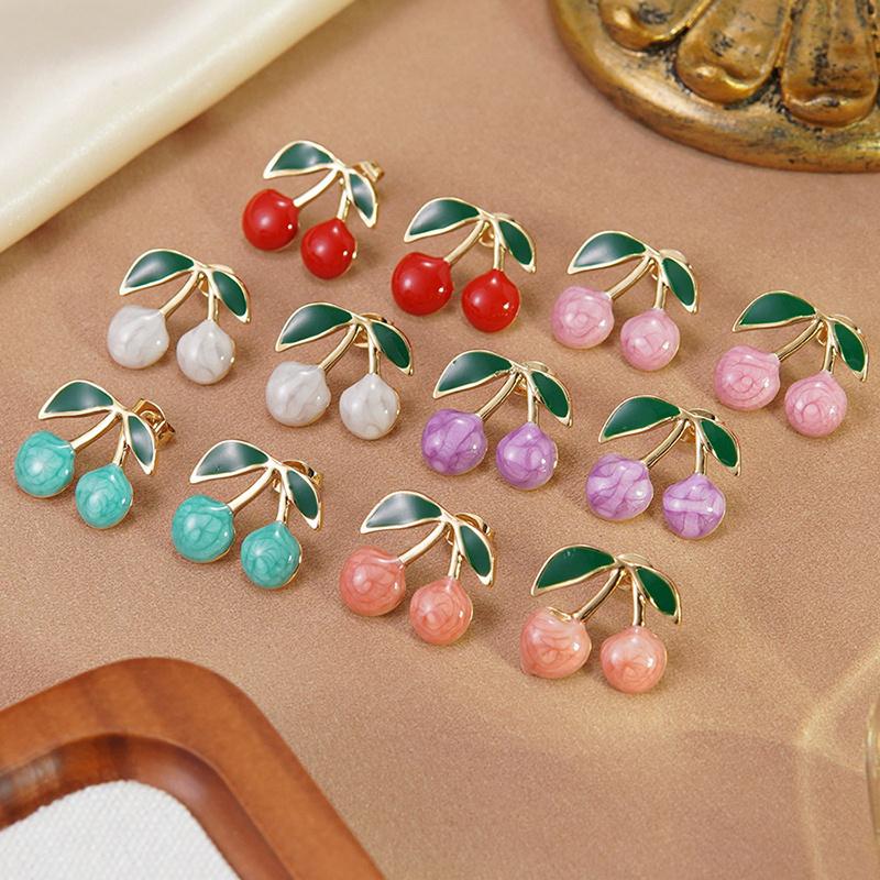 Fresh And Sweet Alloy Cherry Stud Earrings, Unique And Versatile Earrings, With Colorful Fruit Pendants