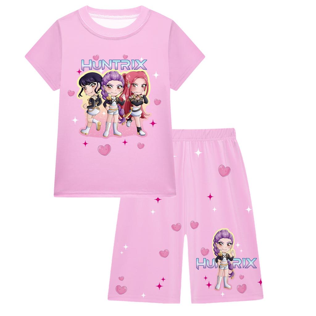 KPOP Mädchen T-Shirt und Hosen Set, Demon Slayer Cartoon, Zweiteiliges Kurzarm- und Shorts-Set für große Kinder