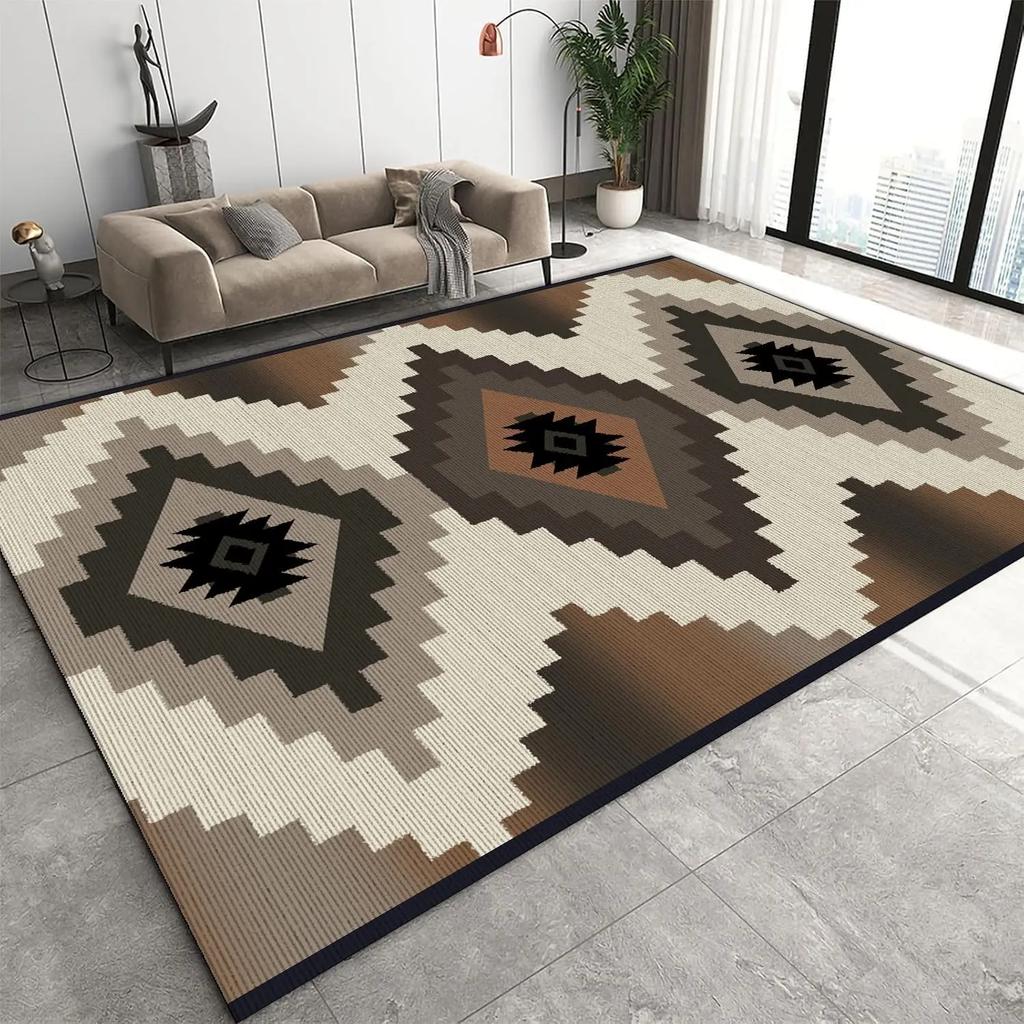 Totem Pattern Ethnic Geometric Carpet - Living Room Carpet Decoration Bohemian Style Bordered Colorful Geometric Floor Carpet