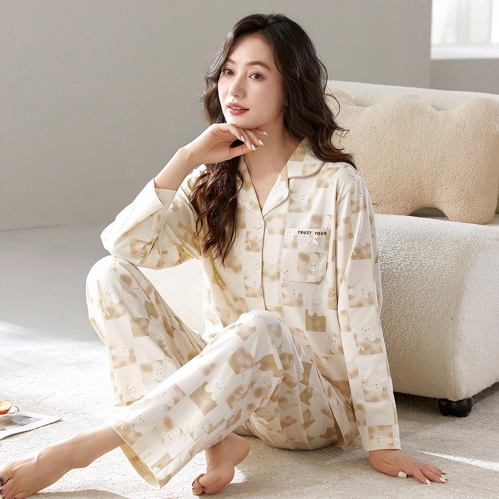 

Женский пижамный комплект из лайкры и хлопка: С длинным рукавом, длинные брюки с отложным воротником - милая весенне-осенняя домашняя одежда XXL (Height 170-175 cm, Weight 140-160 lbs)