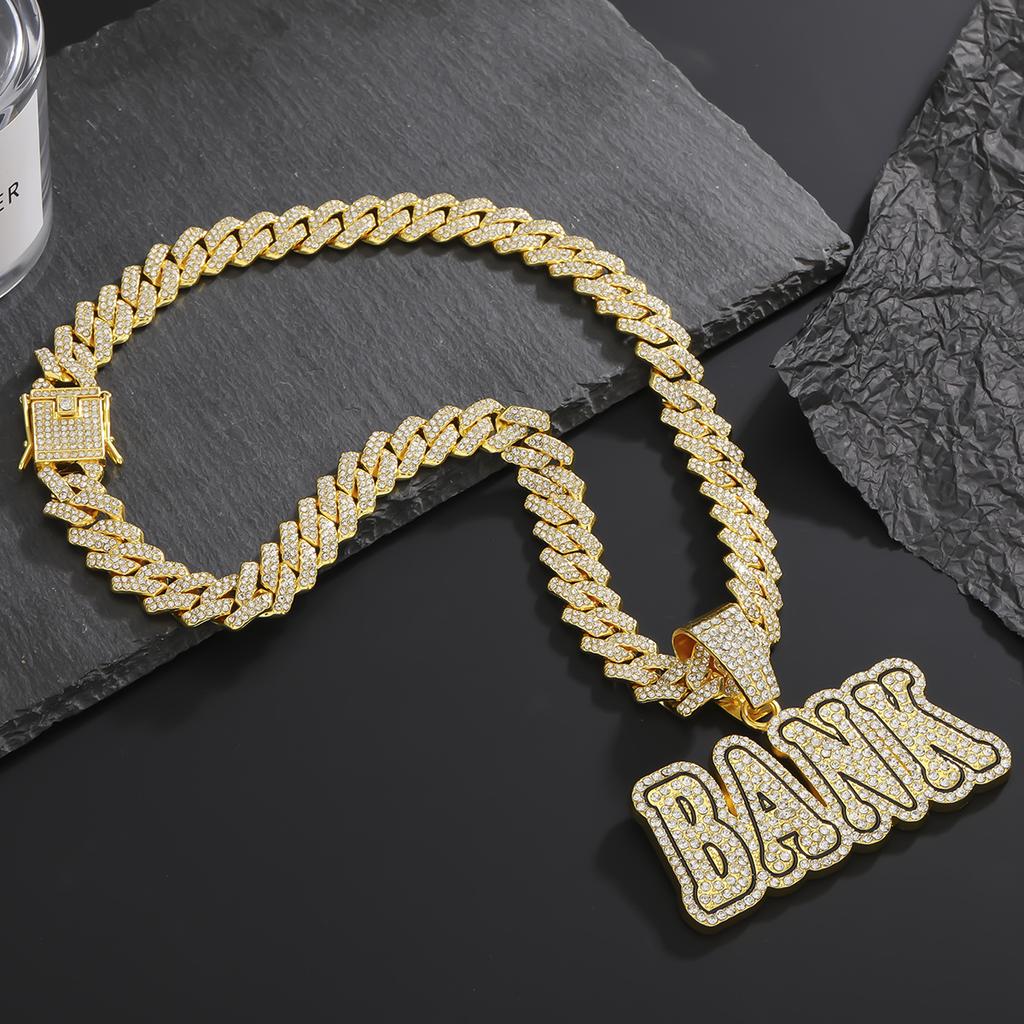 Full Diamond Letter BANK Pendant Cuban Chain, Hip Hop Men's Trend Street Necklace Accessories