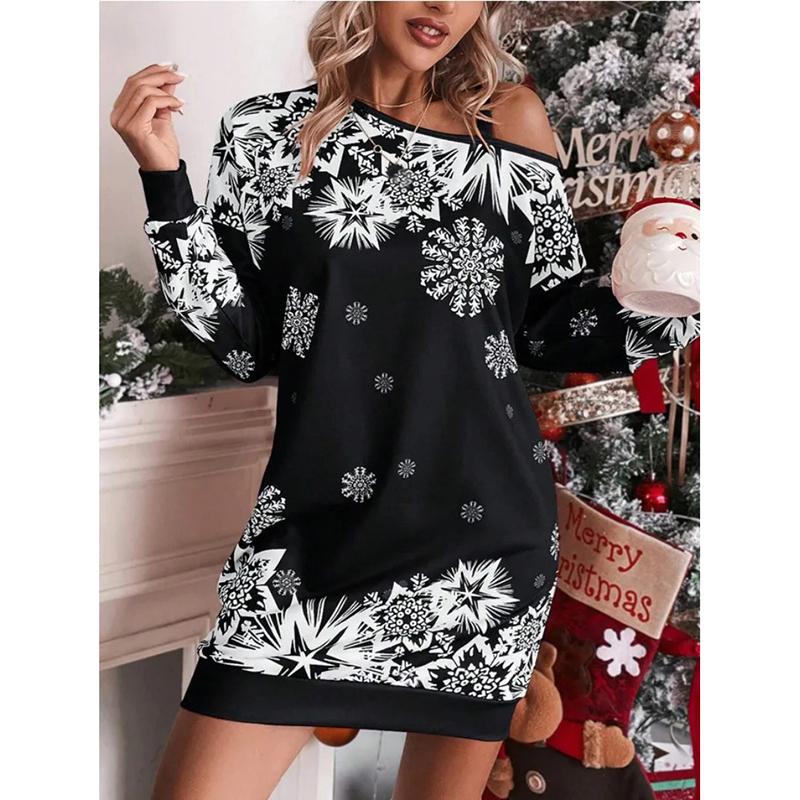 Winter Long Sleeve Loose Print Christmas Party Dress Women Elegant Skew Collar Red Casual Dresses Women Vintage Fashion Thin Sexy Short Dress 25873