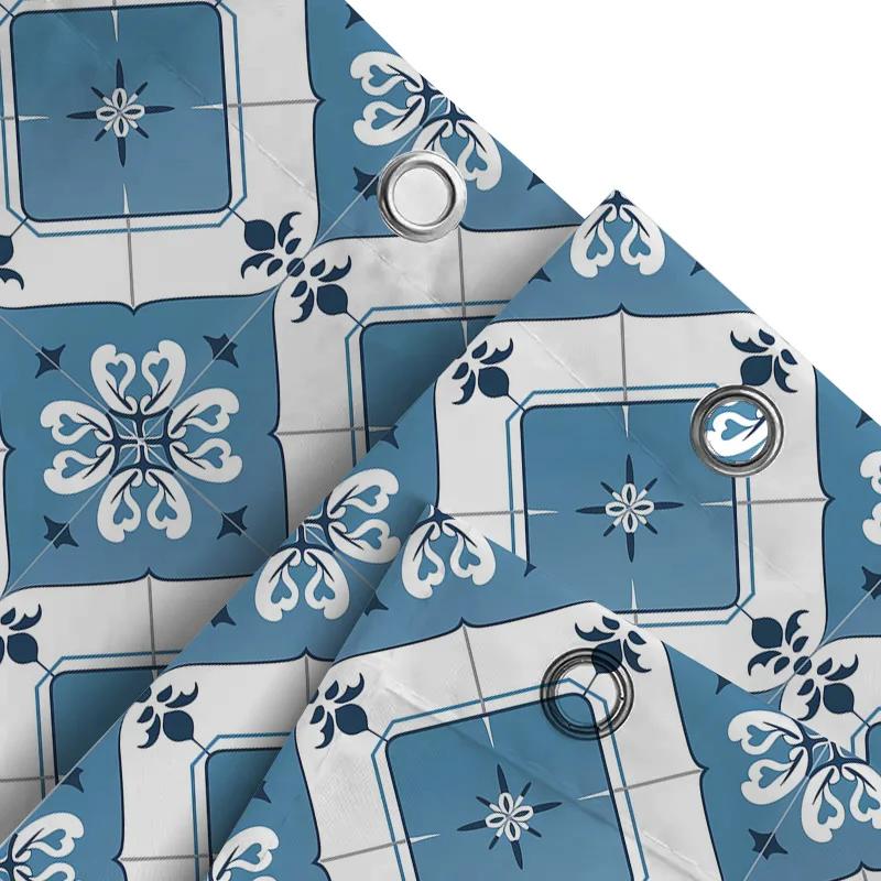Classic Blue White Ceramic Tile Pattern Shower Curtain Decorative Bath Waterproof Fabric 180X240Cm Home Accessories