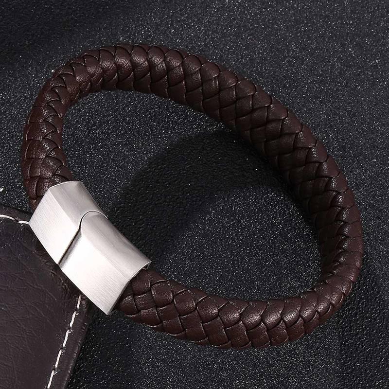 Punk Men Bracelet Bangles Black Brown Leather Bracelet Male Stainless Steel Clasp Fashion Wristband Gift