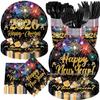 Black Gold New Year Party Set: Colorful Disposable Plates, Tablecloth, and Napkins