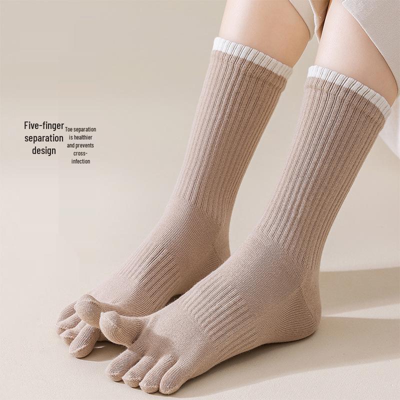 Women's Five-Finger Yoga Socks - Pure Cotton, Odor-Resistant, Sweat-Absorbent, Breathable, Antibacterial, Mid-Calf Toe Socks for Autumn/Winter.
