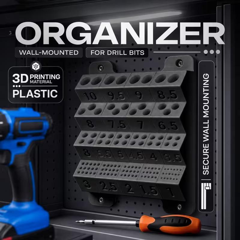Orange Wall Mounted Drill Bit Holder Multi Size Slots Durable For Home Garage Tool Storage