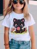 Summer Fashion Girls Short Sleeve T-Shirt Cat Cartoon Pattern Print Casual Top
