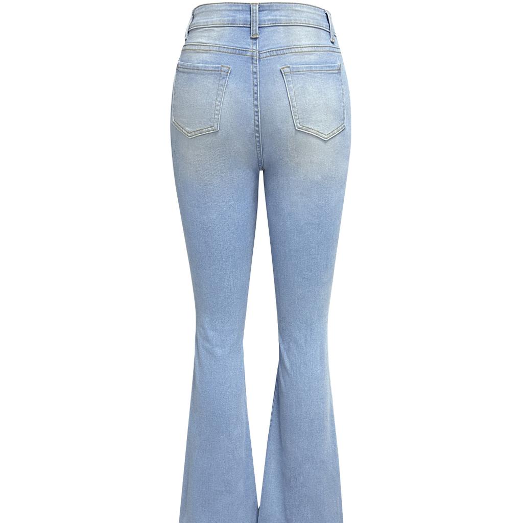 Nowe damskie dżinsy z wysokim stanem i dziurami, spodnie rozszerzane w stylu Spice Girls, spodnie damskie