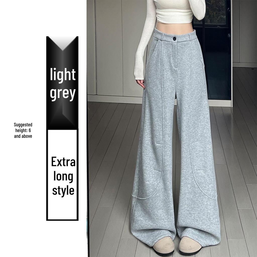 Women's High-Waisted Wool Pants - Black/Grey, Thick, Curved Leg, Autumn/Winter 2025, Slimming Straight-Leg with Velvet, Suit Style.