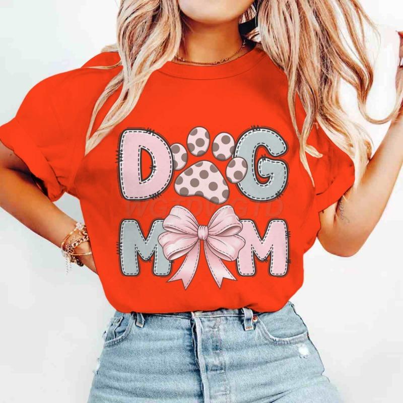 Dog Mom Graphic Crew Neck T-Shirt For Women CasualTee With Short Sleeves Pink Bow Paw Print Design Perfect For Mother's Day
