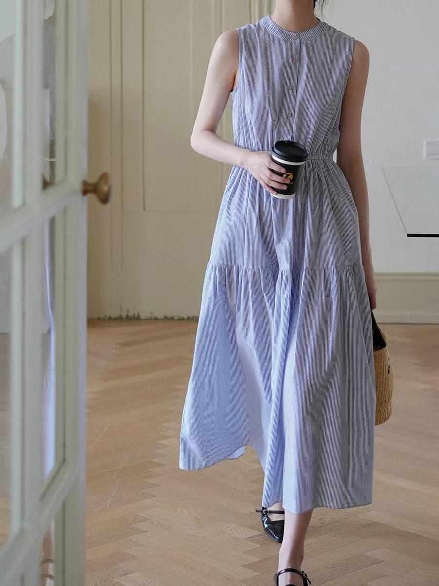 

2025 summer new sleeveless waist vertical striped dress women s loose and thin stand-up collar a-word skirt M