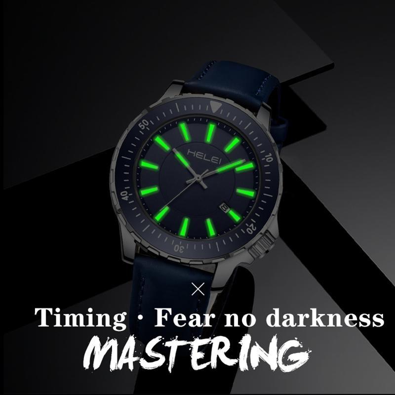 HELEI Mode Sport Quarz Uhr Datum Magnetisches Silikon Leuchtarmband Herren Leder Armbanduhr