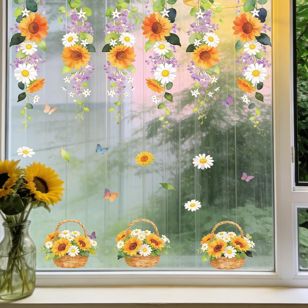 Painted Sunflower Flower Basket, Outdoor Balcony Glass Display Window Sticker