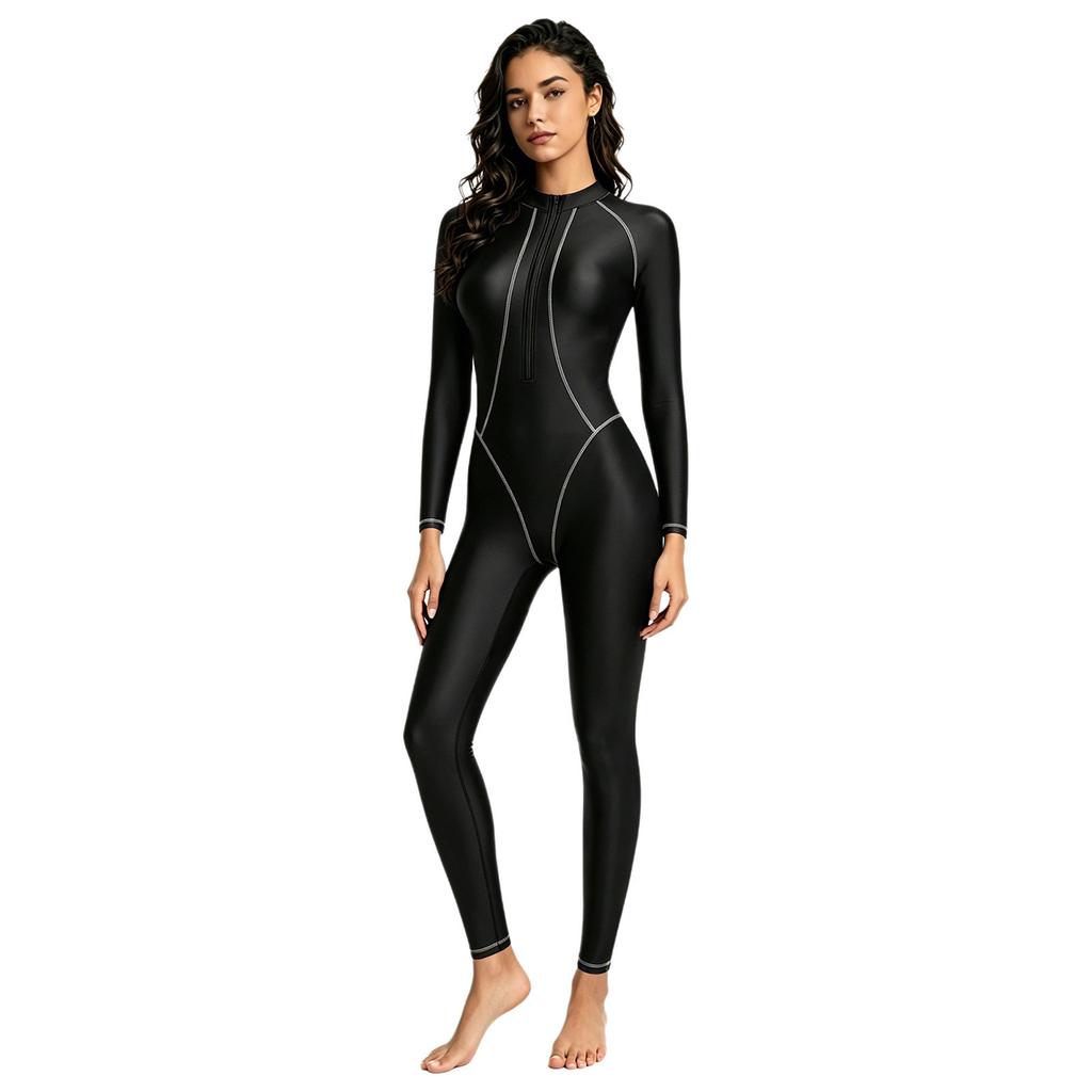 S-3XL Damen Ganzkörper Rash Guard Badeanzug Stehkragen Langarm Lange Hosen Glänzender Jumpsuit für Surfen Tauchen Wassersport