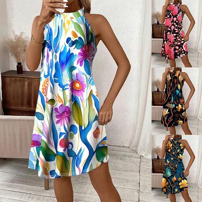 Women's Sleeveless Round Necklace Printed Elegant Short Vest Dress