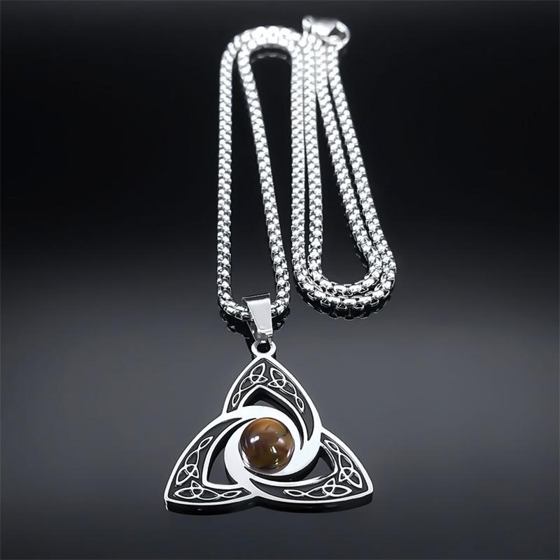 Viking Trinity Knot Necklace for Women Men Stainless Steel Tiger Eye Stone Irish Celtic Lucky Amulet Necklaces Jewelry N3806S02