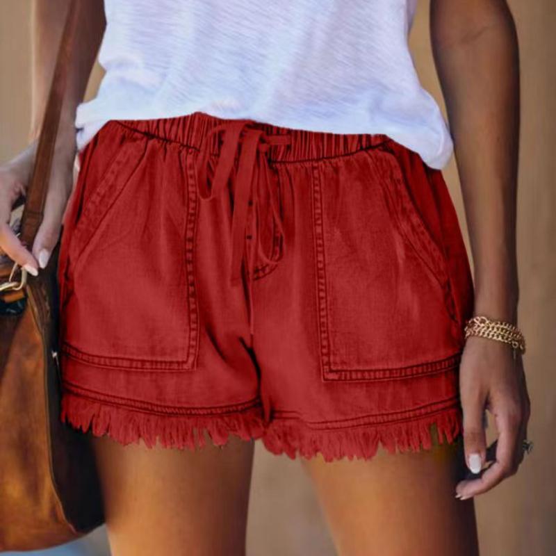 Womens Pocket Jeans Denim Pants Female Tassel Bandage Bottom Casual Shorts