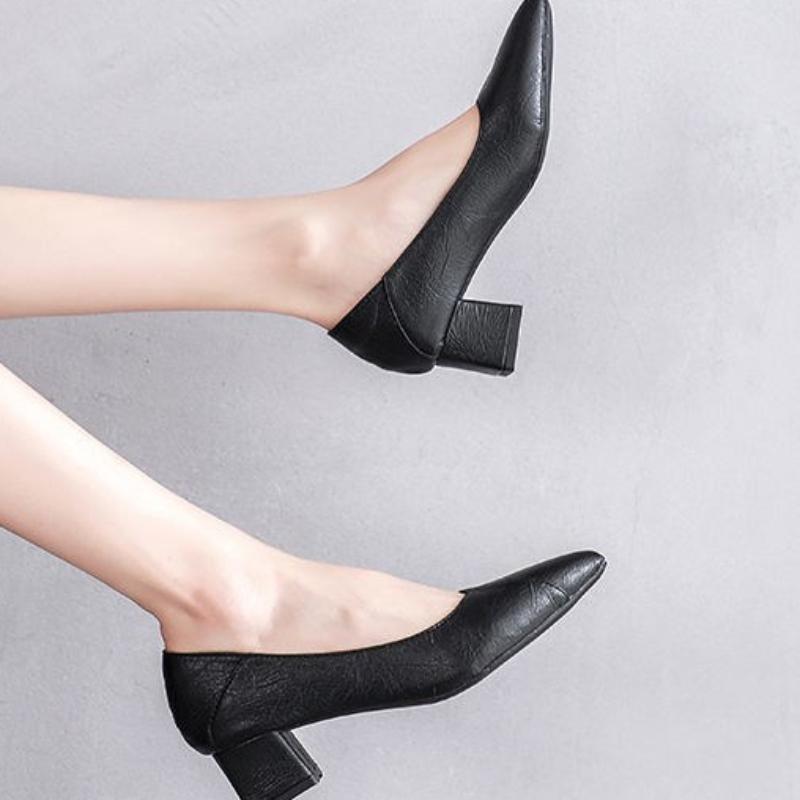 Pumps Women Shoes Shallow Chunky Heeled Pointed Toe Ladies Shoe Platform Soft Leather Slip On Women's Fashion Dress Office 2026