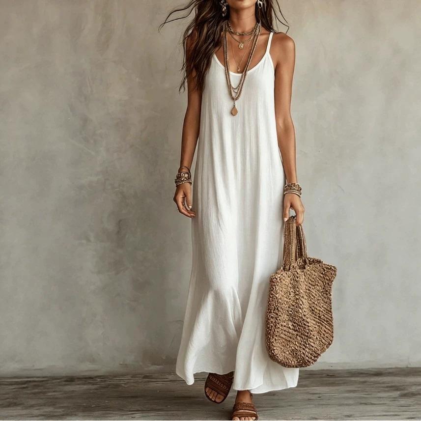Rückenfreie Cami-Kleider Sommer Damen Boho-Kleid Spaghettiträger Ärmellos Langes Freizeit-Maxikleid Sommerkleid Urlaubs-Strandmode XXXL weiß