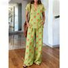 1116 Summer Vintage Print Set Elegant V-Neck Cut, Loose Wide Leg Pants Atmosphere Vacation Two-piece Set Women