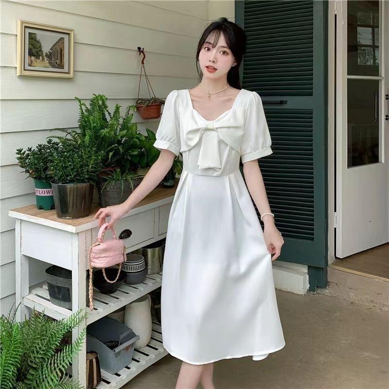 Large Size Summer Dress French Bow Bubble Sleeve White Dress Children Fat Sister Waist and Thin Temperament Long Dress