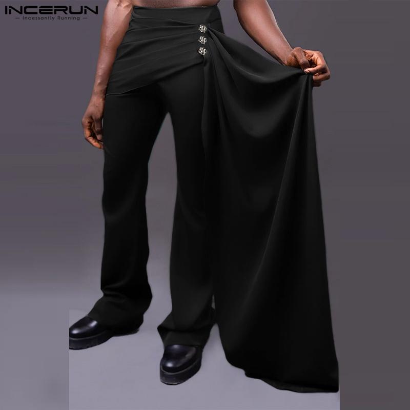 INCERUN Pánské jarní zapínací kalhoty s vysokým pasem, s obmotávacím páskem, patchworkové, ležérní, dlouhé