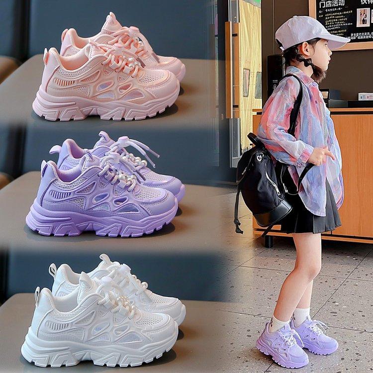 Girls shoes sneakers 2025 summer new mesh breathable medium and large children girls dad shoes children's white shoes tide