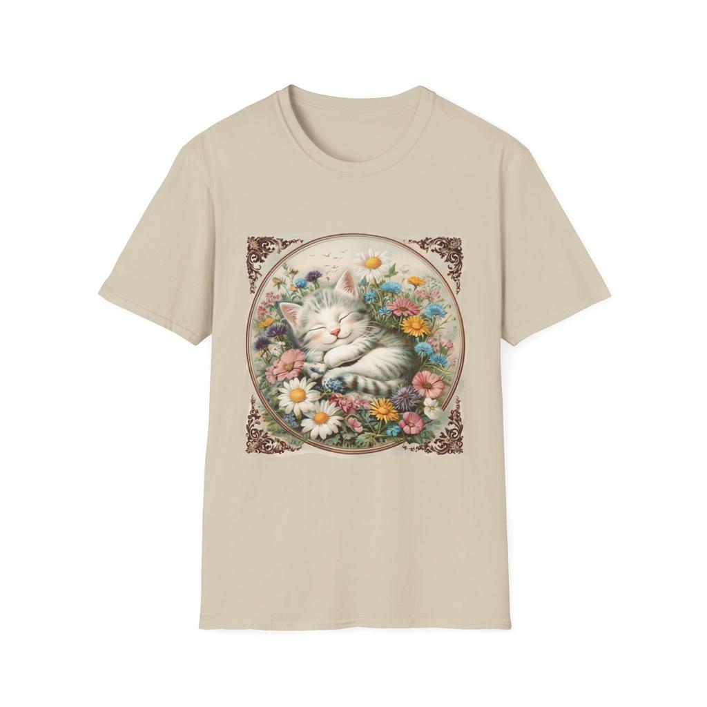 Sleeping Cat Shirt Inspiration Vintage Style Flower Art Circular Frame Botanical