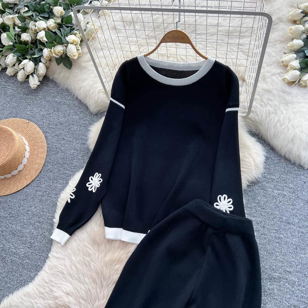 Autumn Winter Women Vintage Embroidery Flower Knitted Sweater Trouser Two Piece Set O-neck Pullover Tops and Pant Tracksuit
