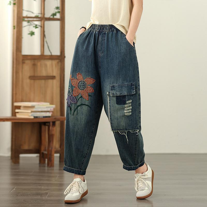 

Джинсы гаремы женские свободные с большим карманом винтажные пэчворк с высокой талией джинсовые укороченные брюки женские повседневные уличная одежда женские брюки 2025 2XL синий