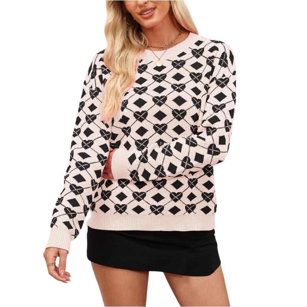 Damen Modischer Rundhals Langarm Pullover in Herzform, Kontrastfarbiger Pullover, Pullover-Top