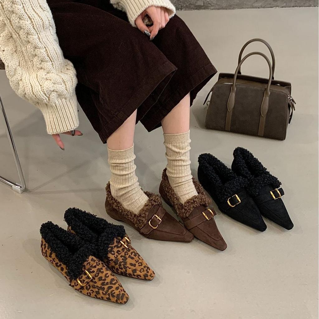 2025 Autumn and Winter Plush Shoes Women's Winter Pointed Head Inner Height Mary Jane Shoes Small Leather Shoes Loafers Women's Single Shoes Tide