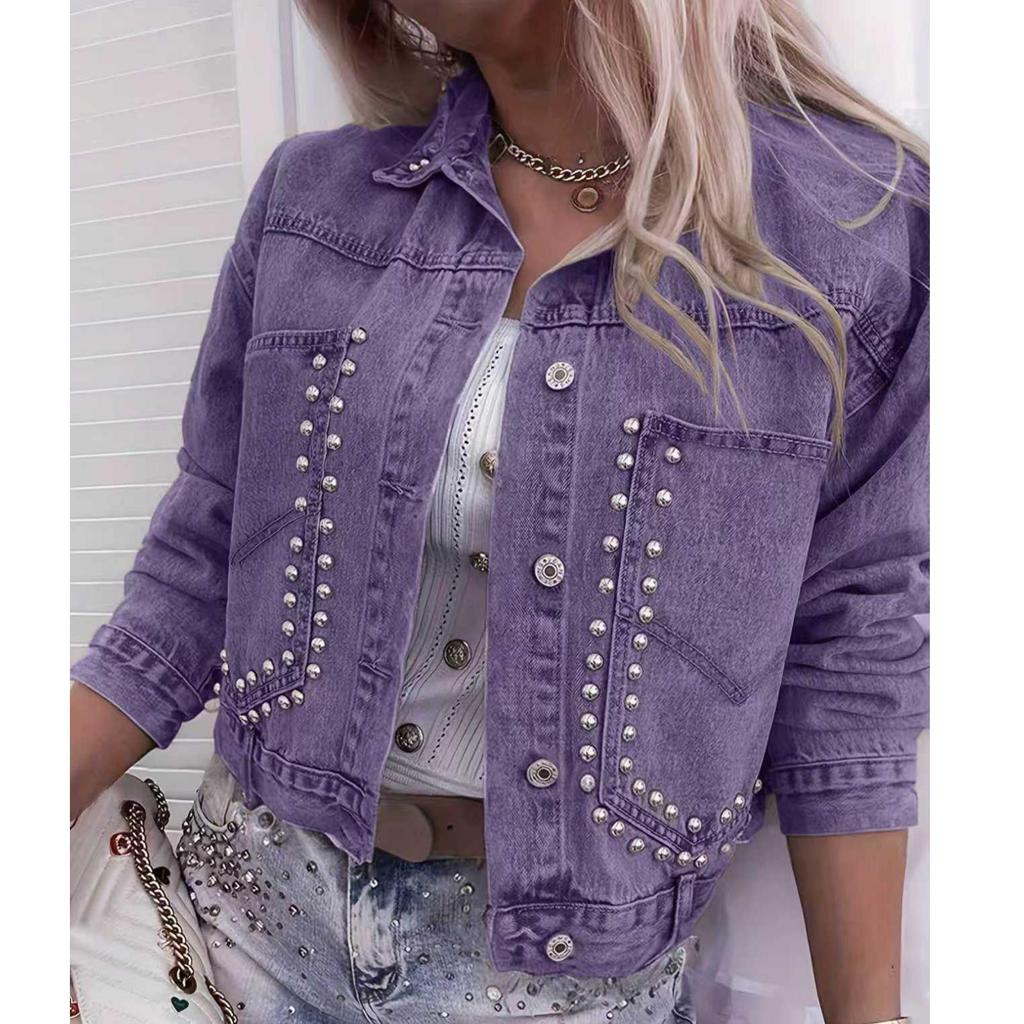 Plus Size European Studded Denim Jacket for Women