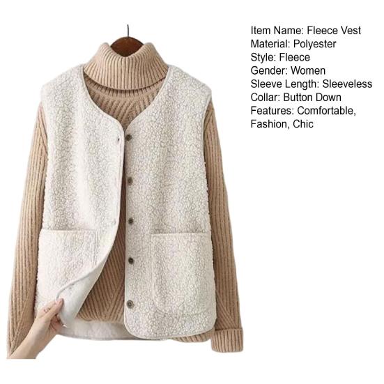 Dámská fleecová vesta na knoflíky, bez rukávů, s kapsami, ležérní nadměrná chlupatá vesta, podzimní zimní svrchní oděv