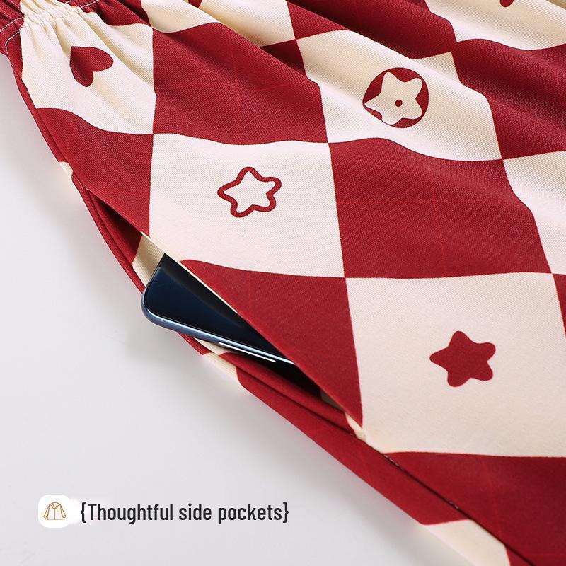 Women's Double-Sided Cotton Pajama Set with Chest Pads - Round Neck, Long Sleeve, Long Pants Pullover Style