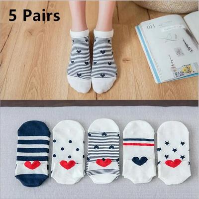 5 Pairs Lot Cotton Women Socks Female Casual Boat 3D Pack Cartoon Harajuku Unicron Cat Cute Invisiable Funny Girl Ankle Sock Set