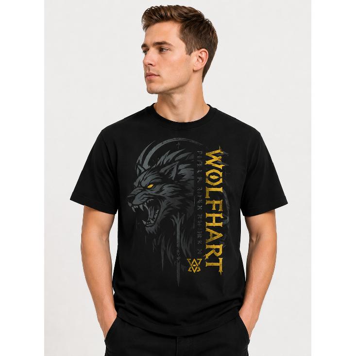 Men's Wolfhart Graphic Tee, Short Sleeve Crew Neck, Soft Cotton Blend, Fierce Wolf Print with Gothic Lettering, Casual Streetwear for Gaming & Daily