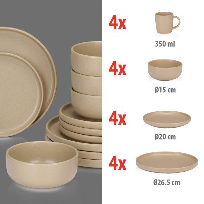 Service de Table - alpina - 16 Pièces - Faïence - Couleur Sable - Pour 4 Personnes