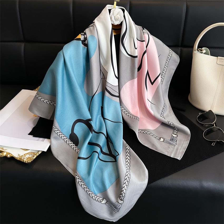 Women's Retro Twill Silk Scarf - 90cm Versatile Shawl for Travel & Sun Protection